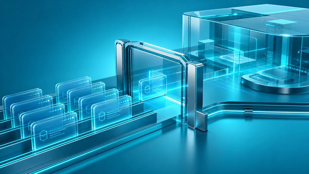 Cyan glass queueing gate with translucent workload cards waiting to enter a shared Kubernetes cluster