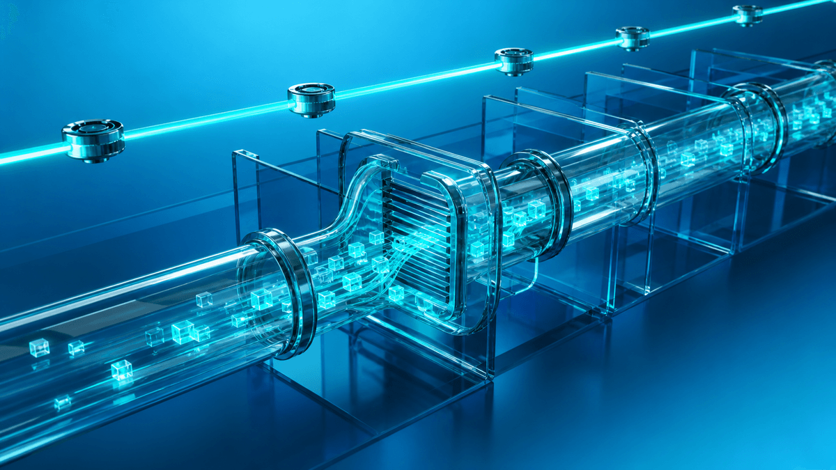 Glossy cyan networking cover showing packets moving through a transparent eBPF dataplane conduit and policy gate beneath an observability relay beam