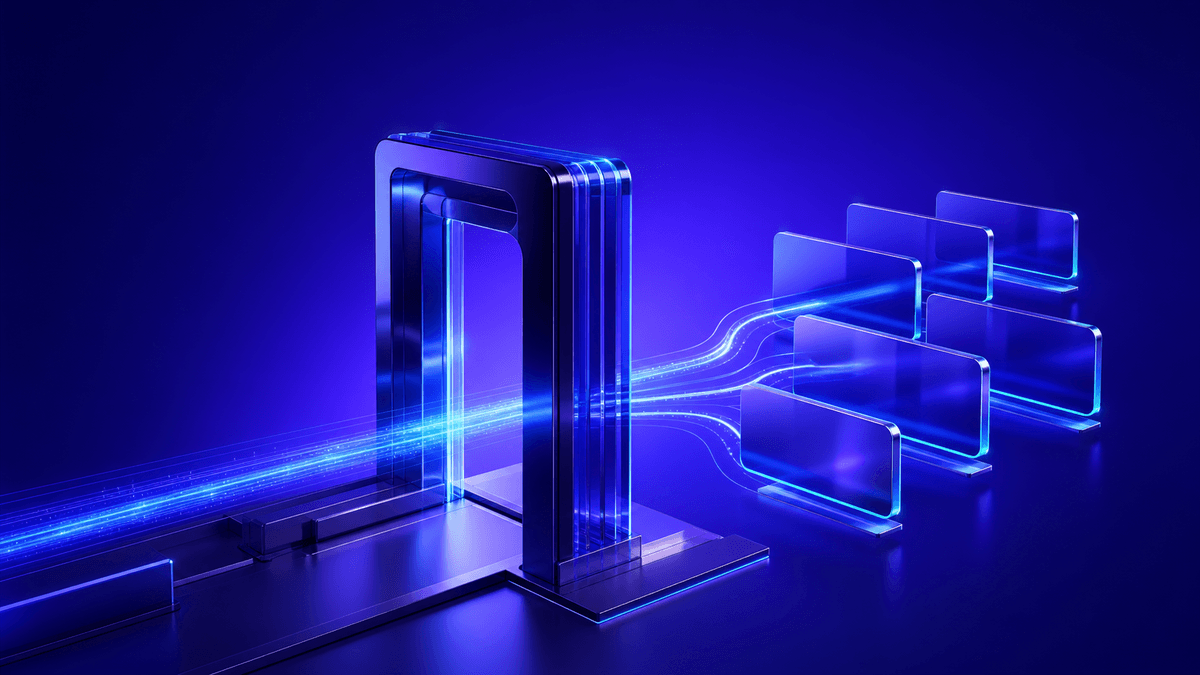 Glossy indigo queue gate sending a bright event pulse into a staggered stack of replica cards