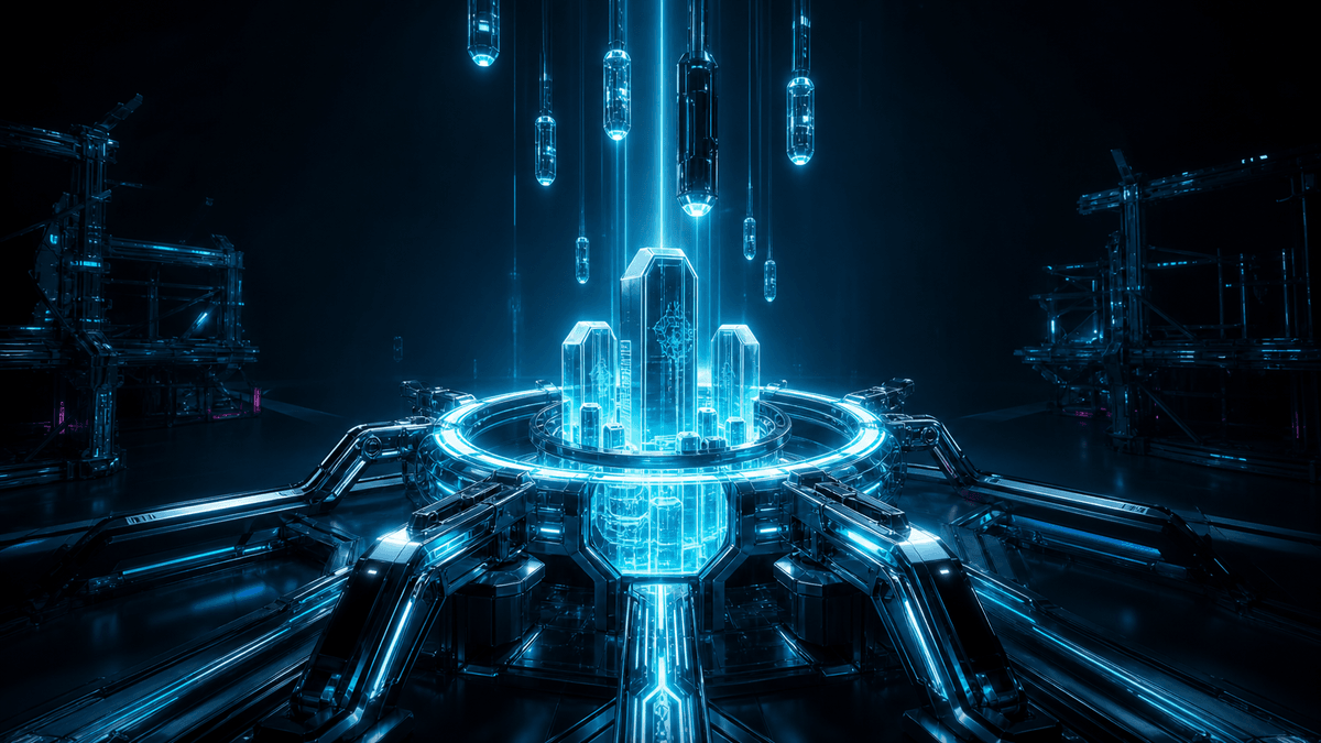 Glossy cyan provisioning forge with descending workload capsules feeding a central ring that extrudes right-sized worker monoliths