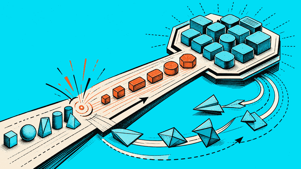 Bold cyan provisioning runway with queued workloads becoming right-sized worker nodes and looping consolidation paths