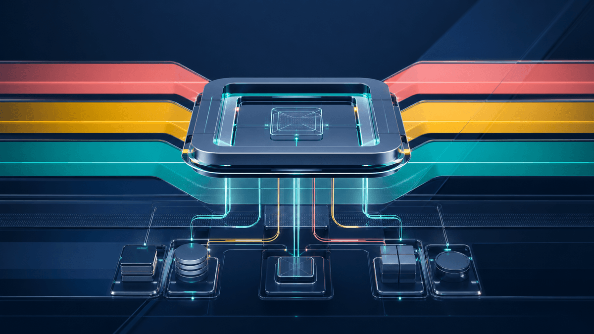 Glossy Crossplane-inspired control-plane frame with colourful horizontal bands routing into layered infrastructure surfaces