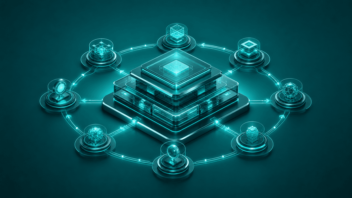 Glossy teal feedback loop of verification nodes around a central platform module